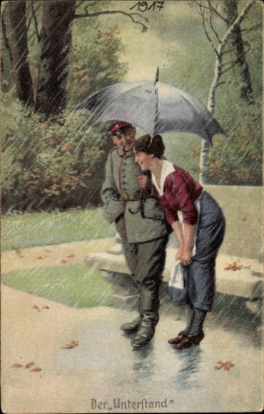 Artist Postcard The Shelter, Soldier holds woman's umbrella, Always an expert, I.WK