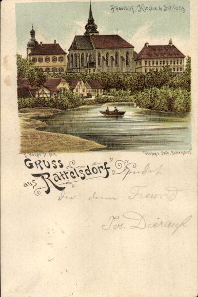 Litho Rattelsdorf Oberfranken, Pfarrhof, Kirche und Schloss