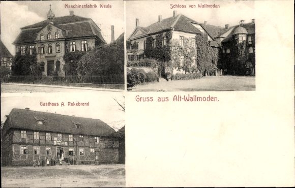 Postcard Alt Wallmoden in Lower Saxony, Weule machine factory, castle, inn
