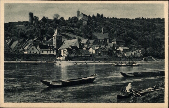 Ak Hirschhorn am Neckar Hessen, Historische Stadtansicht, Flusslandschaft, Boote, Burg