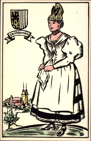 Coat of arms Postcard Upper Austria, woman in traditional costume
