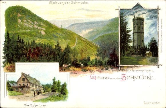 Ak Gehlberg Suhl in Thüringen, Schmücke, berglandschap, uitkijktoren, gebouw, groeten uit Schmüc