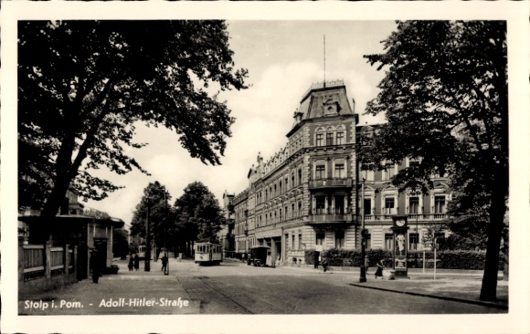 Postcard Słupsk Stolp Pomerania, Adolf Hitler Street, Tram