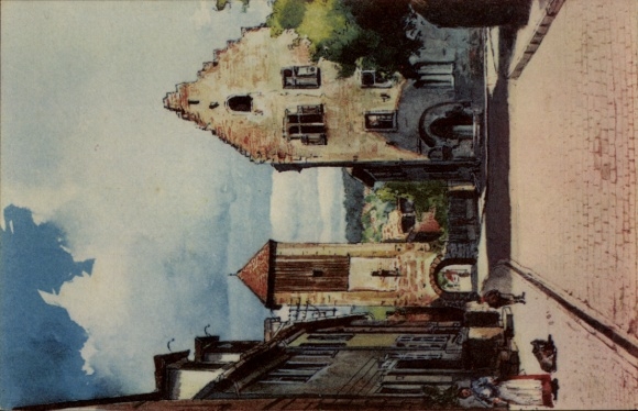 Postcard Gelnhausen in Hesse, painting of a street with historic buildings, church in the background
