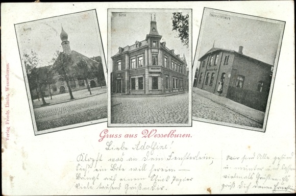 Ak Wesselburen in Dithmarschen, beurs, kerk