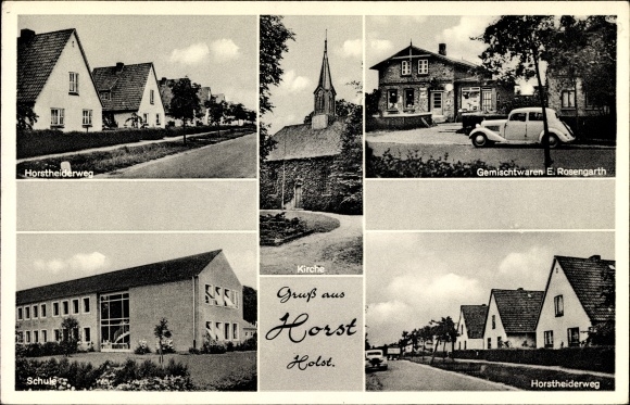 Ansichtkaart Horst Schleswig Holstein, Horstheide way, mixed goods E. Rosengarth, kerk, school