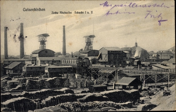 Ak Gelsenkirchen w Zagłębiu Ruhry, kopalnia Rheinelbe, szyb I i II