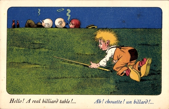 Chromo-Litho boy with billiard cue, heads as balls