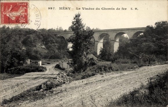 KP Méry sur Seine Aube, Wiadukt, most kolejowy, krajobraz, czarno-biały