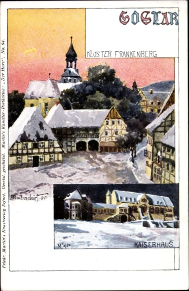 Kunstenaarskaart Bahndorf, Heribert, Goslar in Nedersaksen, klooster Frankenberg, keizerlijk huis, winter