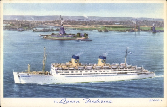 Statek pasażerski KP SS Queen Frederica, National Hellenic American Line, w pobliżu Nowego Jorku