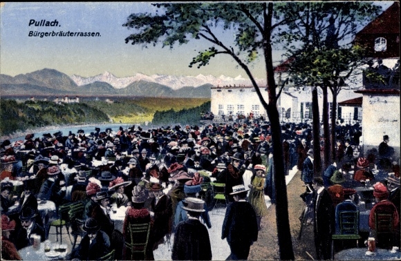 Postcard Pullach Isar Valley Upper Bavaria, Bürgerbräuterrassen, visitors