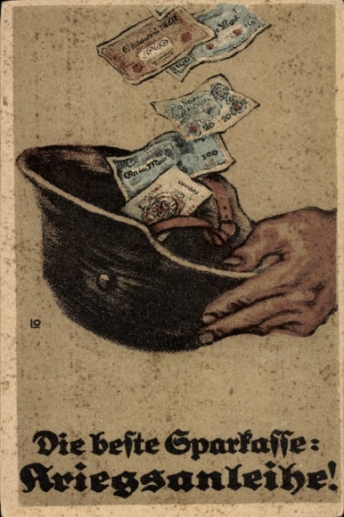 Artist Postcard The best savings bank, war bonds, steel helmet, banknotes