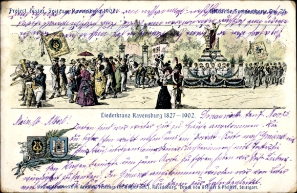 Ak Ravensburg in Württemberg Oberschwaben, Liederkranz Ravensburg 1827-1902, Festumzug, Menschen,