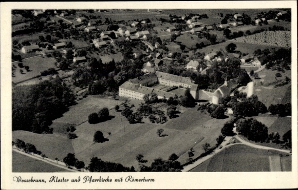 Postcard Wessobrunn in Upper Bavaria, monastery and parish church with Roman tower, aerial photograph