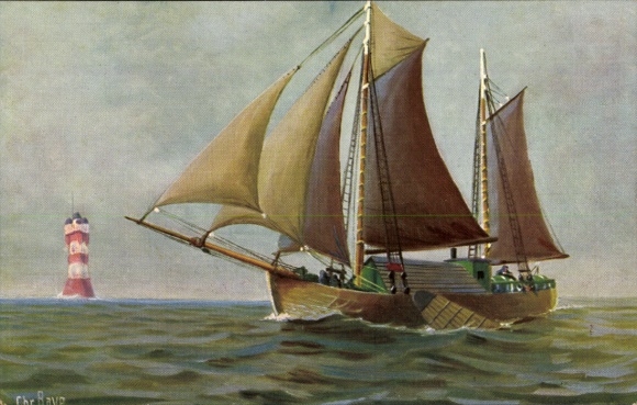 Artist Postcard Rave, Chr., Marine Gallery 263, Two-masted Weser barge Dorothea, Present time, Lighthouse