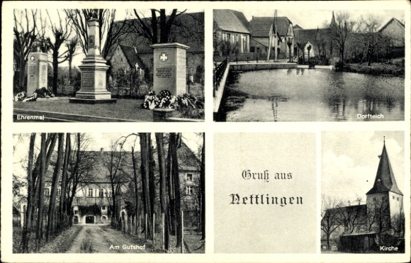 Postcard Nettlingen Söhlde in Lower Saxony, memorial, village pond, church, manor house