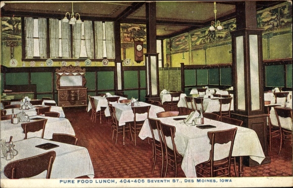 Postcard Des Moines Iowa, Pure Food Lunch, 404-406 Seventh St.