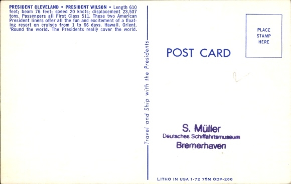 Ak passagiersschip President Cleveland, President Wilson, Amerikaanse President Line