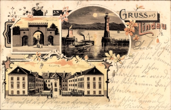 Mondschein Litho Lindau am Bodensee Schwaben, Landtor, Hafen, Kaserne, Leuchtturm