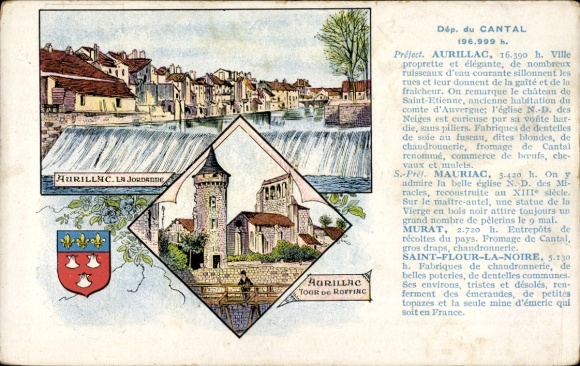 Artist Postcard Aurillac Cantal, city coat of arms, large weir, old defense tower