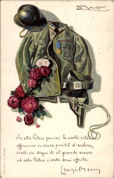 Artist Postcard Mauzan, Italy, uniform with weapon and helmet and roses