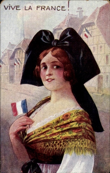 Ak Vive la France, Frau in Elsässer Volkstracht
