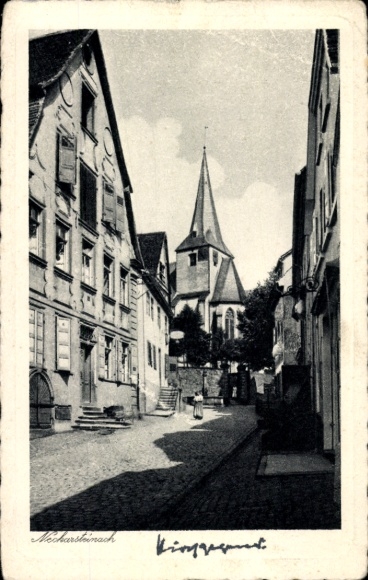 Ak Neckarsteinach in Hessen, Bürgerliches Haus aus dem Jahre 1755, evangelische Kirche