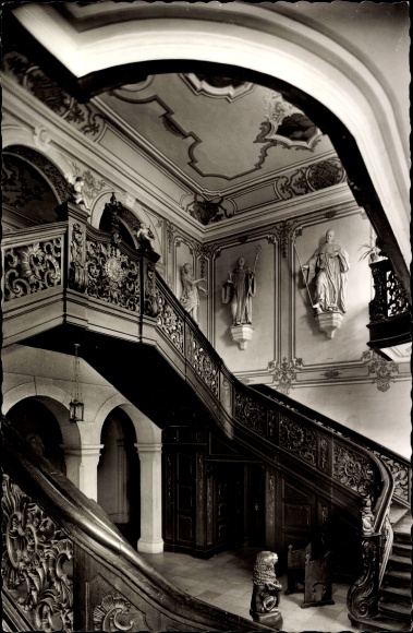 Postcard Streithausen in the Westerwald, Cistercian Marienstatt Abbey, stairs, interior view