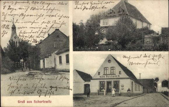 Ak Schortewitz Zörbig in Saksen-Anhalt, kerk, gedeeltelijk uitzicht, winkel Otto Burchardt