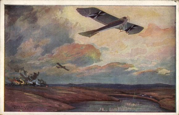 Artist Postcard Schulze, Hans Rudolf, Military pigeon on reconnaissance flight near the Masurian Lakes, I. WK