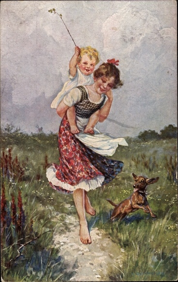 Artist PC Borrmeister, R., Golden Youth, two girls, dachshund