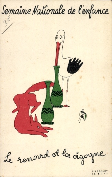 Postcard Semaine Nationale de l'enfance, stork, fox and insect