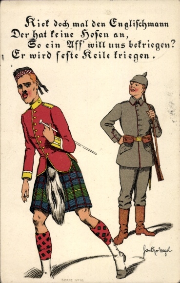 Artist Postcard Nagel, Günther, Scotsman in a skirt, will get wedges, German soldier
