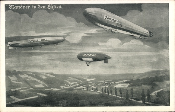 Ak Manöver in den Lüften, Schütte Lanz, Zeppelin, Parseval, Deutscher Luftflotten Verein