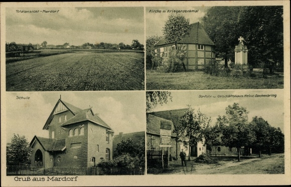 Postcard Mardorf Neustadt am Rübenberge, school, church with war memorial, village and commercial building
