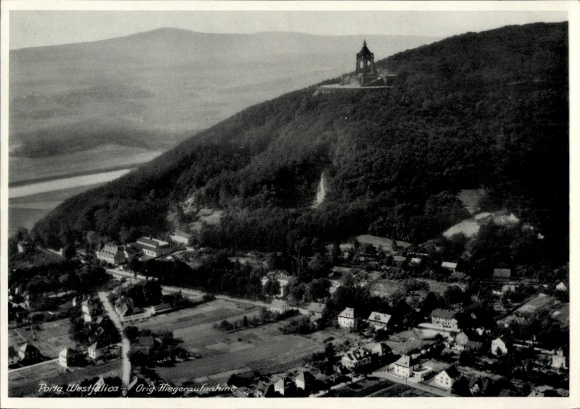 Postcard Porta Westfalica on the Weser, aerial photograph, monument