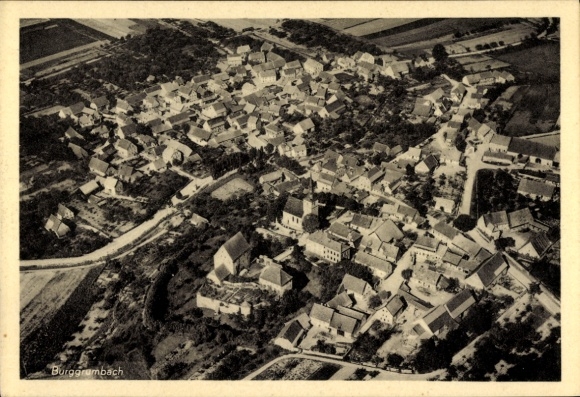 Postcard Burggrumbach Unterpleichfeld in Lower Franconia, aerial photograph