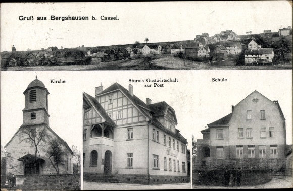Postcard Bergshausen Fuldabrück in Hesse, general view, church, Sturm&#39;s inn, post office, school