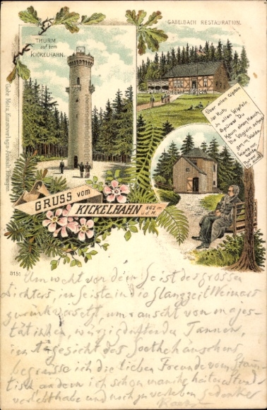 Chromo-Litho Ilmenau in Thuringia, tower on the Kickelhahn, Gabelbach restoration, Goethe