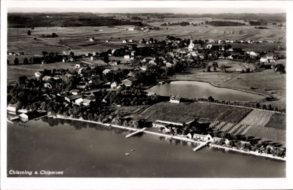 Postcard Chieming am Chiemsee Upper Bavaria, aerial photograph of the town
