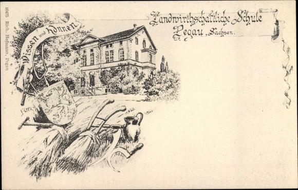 Coat of arms litho Pegau in Saxony, agricultural school