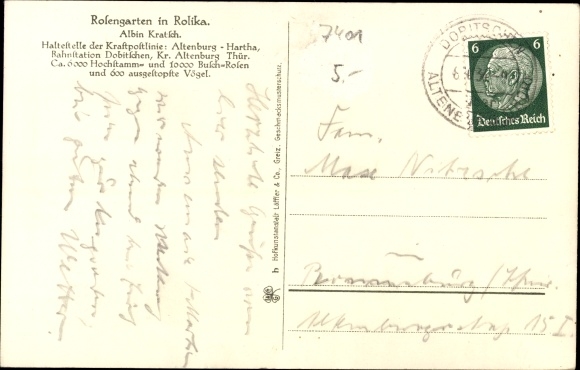 Postcard Rolika Dobitschen in Thuringia, Rosengarten