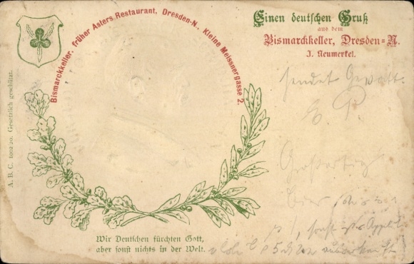 Embossed Postcard Dresden Neustadt, Bismarckkeller, Kleine Meißner Gasse 2, Bismarck portrait