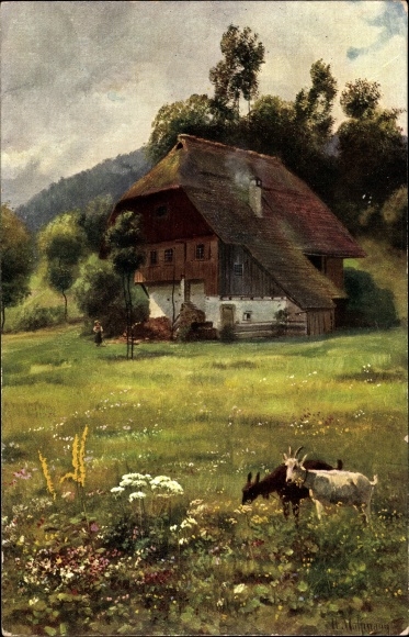 Artist PC Hoffmann, H., In the blooming meadow, Black Forest series, goats, farmhouse