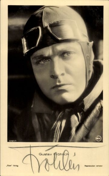 Postcard actor Gustav Fröhlich, portrait, aviator cap, autograph
