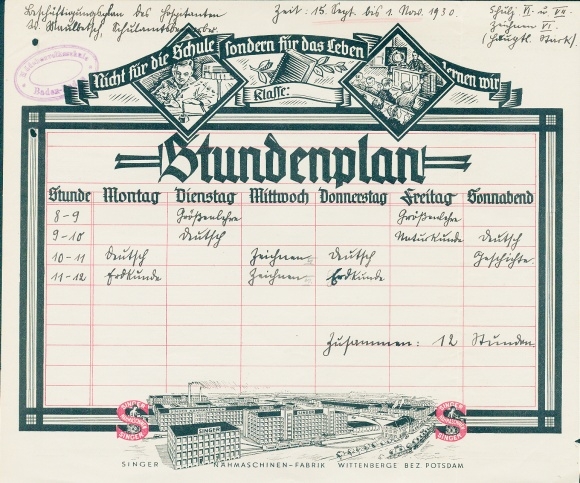 Harmonogram maszyn do szycia Singer Wittenberge koło Poczdamu - siedziba firmy około 1925 r.