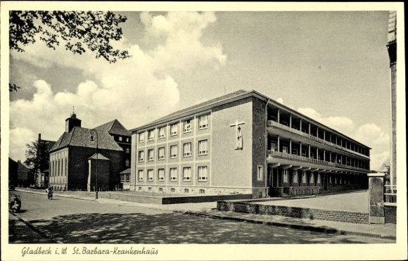 Postcard Gladbeck, St. Barbara Hospital with Church