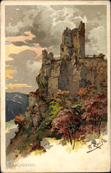 Artist Chromo-Litho Reiss, Fritz, Königswinter in the Rhein Sieg district, Drachenfels