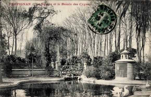 Postcard Perpignan Pyrénées Orientales, Bassin des Cygnes, park, bridge, swans